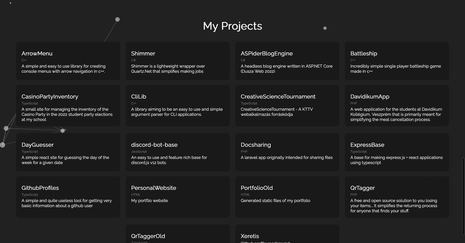 The projects page of my first portfolio website